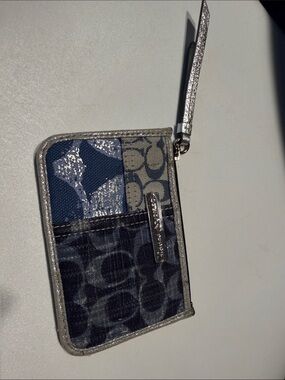 Coach Poppy Patchwork Signature Zip Card Case in Blue with Silver